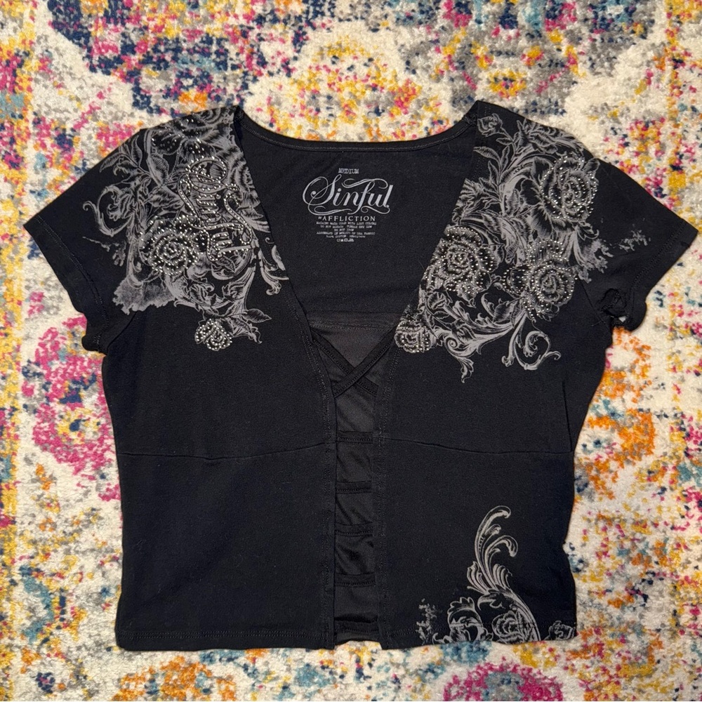 Sinful Black Top with Intricate Gray Patterns